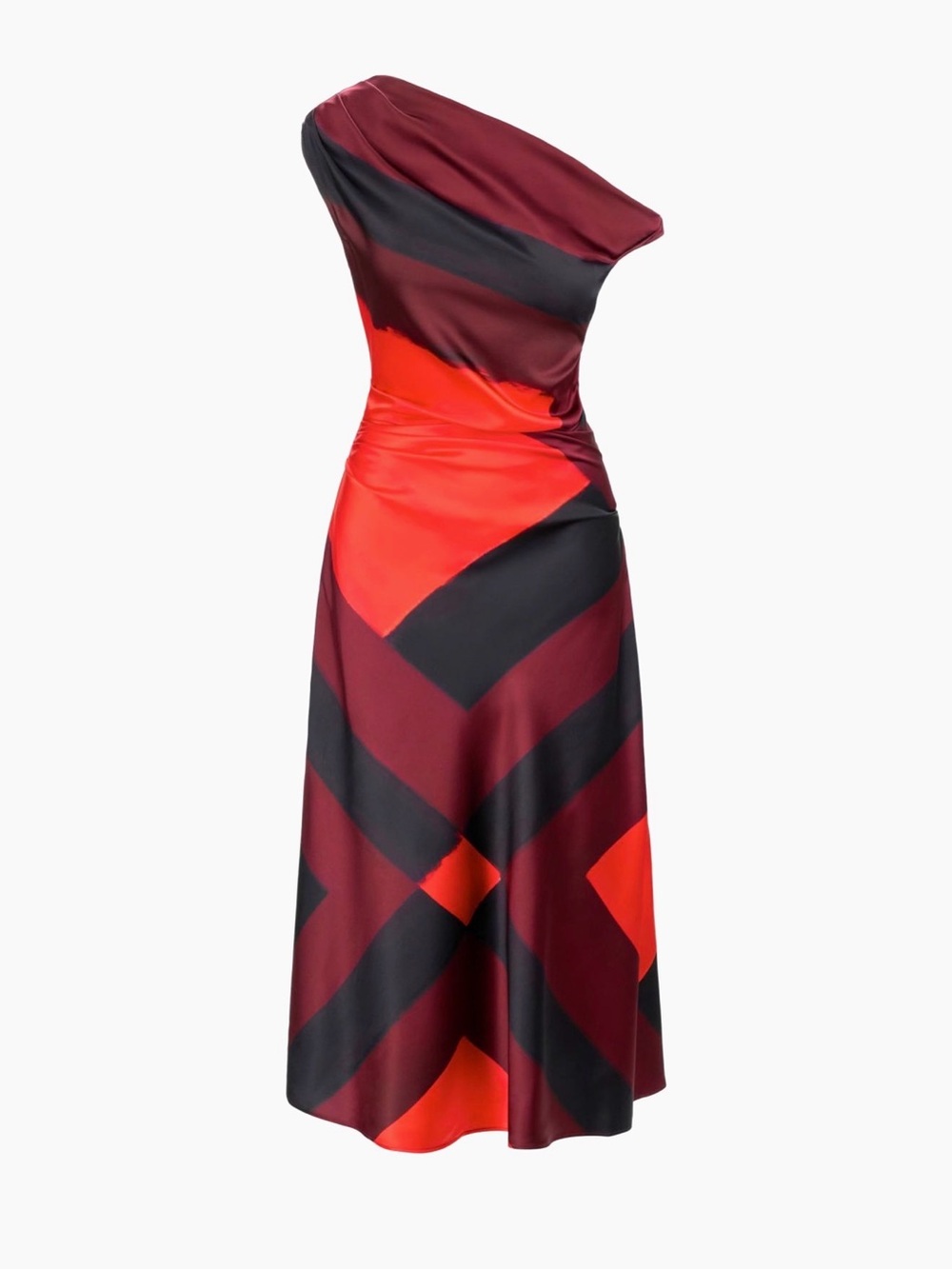 Staud Phare Abstract Stretch  Silk One-Shoulder Red & Black  Midi Dress, Sz 14